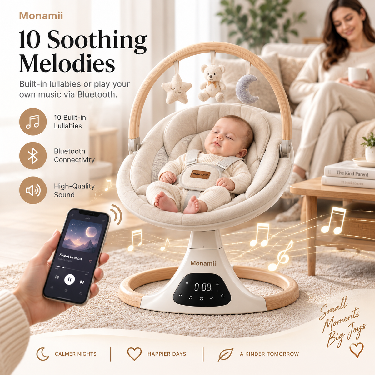 Monamii baby swing comfort feature with padded infant seat and supportive harness