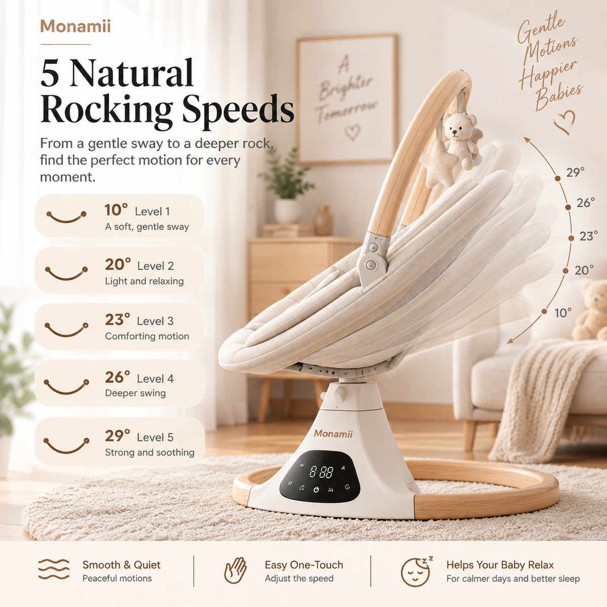 Monamii baby swing smart rocking controls and adjustable soothing settings