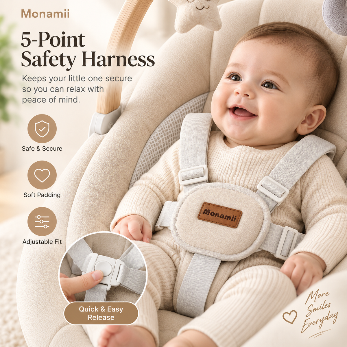 Monamii baby swing for infants with soft padded seat and modern nursery design