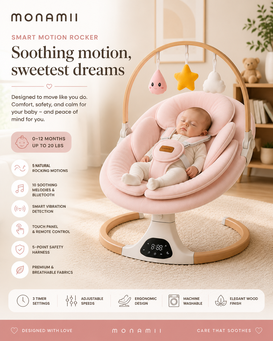 Monamii baby swing Bluetooth speaker and lullaby feature