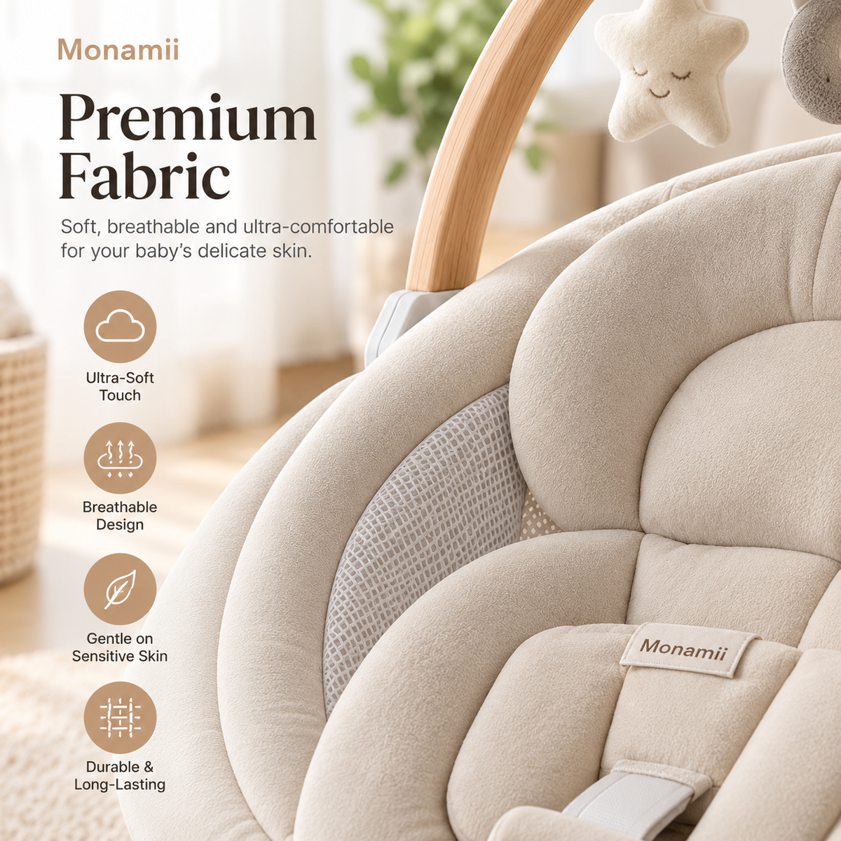 Monamii electric baby swing features for soothing, music and everyday infant comfort