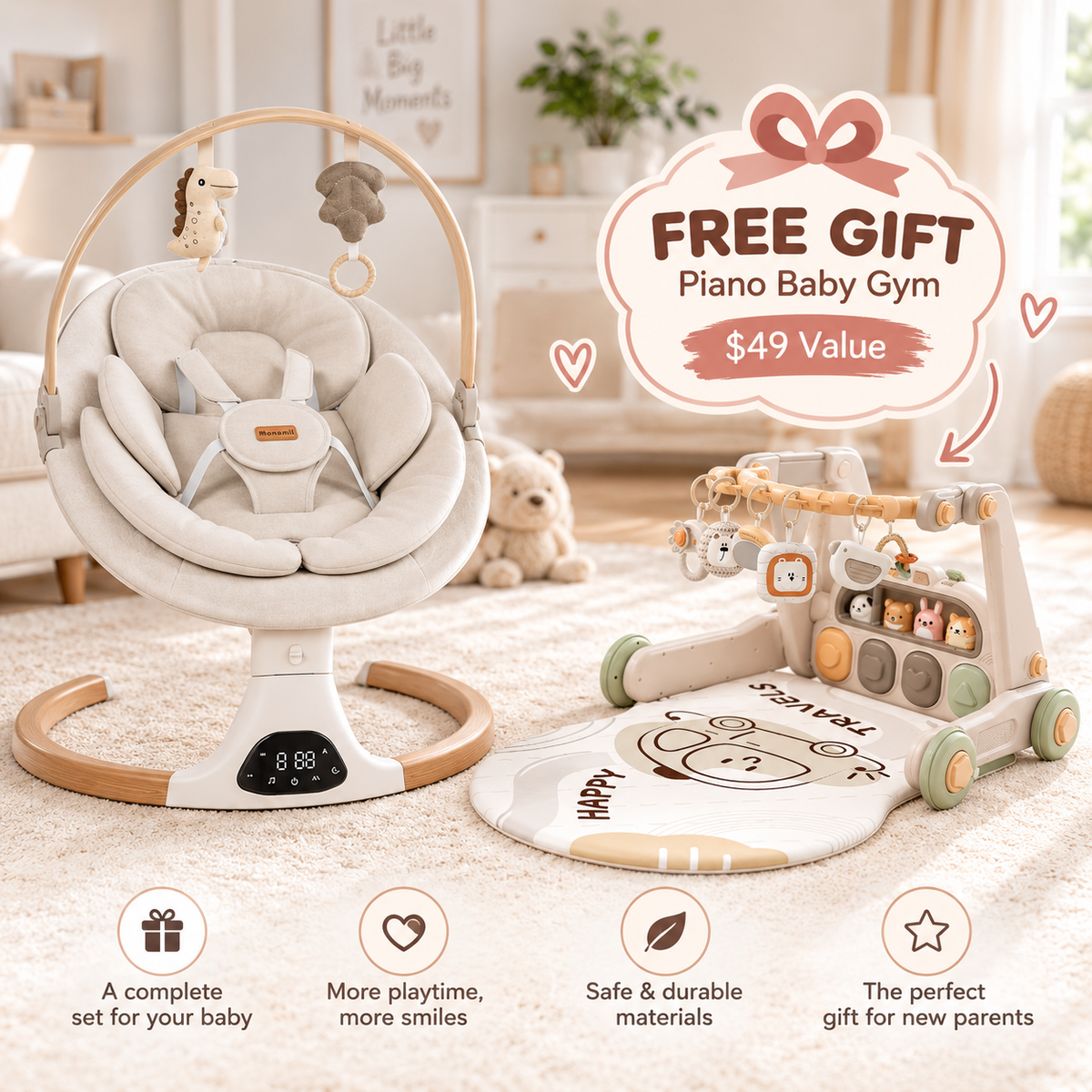 Monamii Baby Swing for infants with 5-point safety harness and wooden toy bar