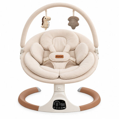 MONAMII Plush Comfort Arch Edition beige baby swing featuring a soft fabric toy arch with plush hanging toys (no wooden hanging toys)