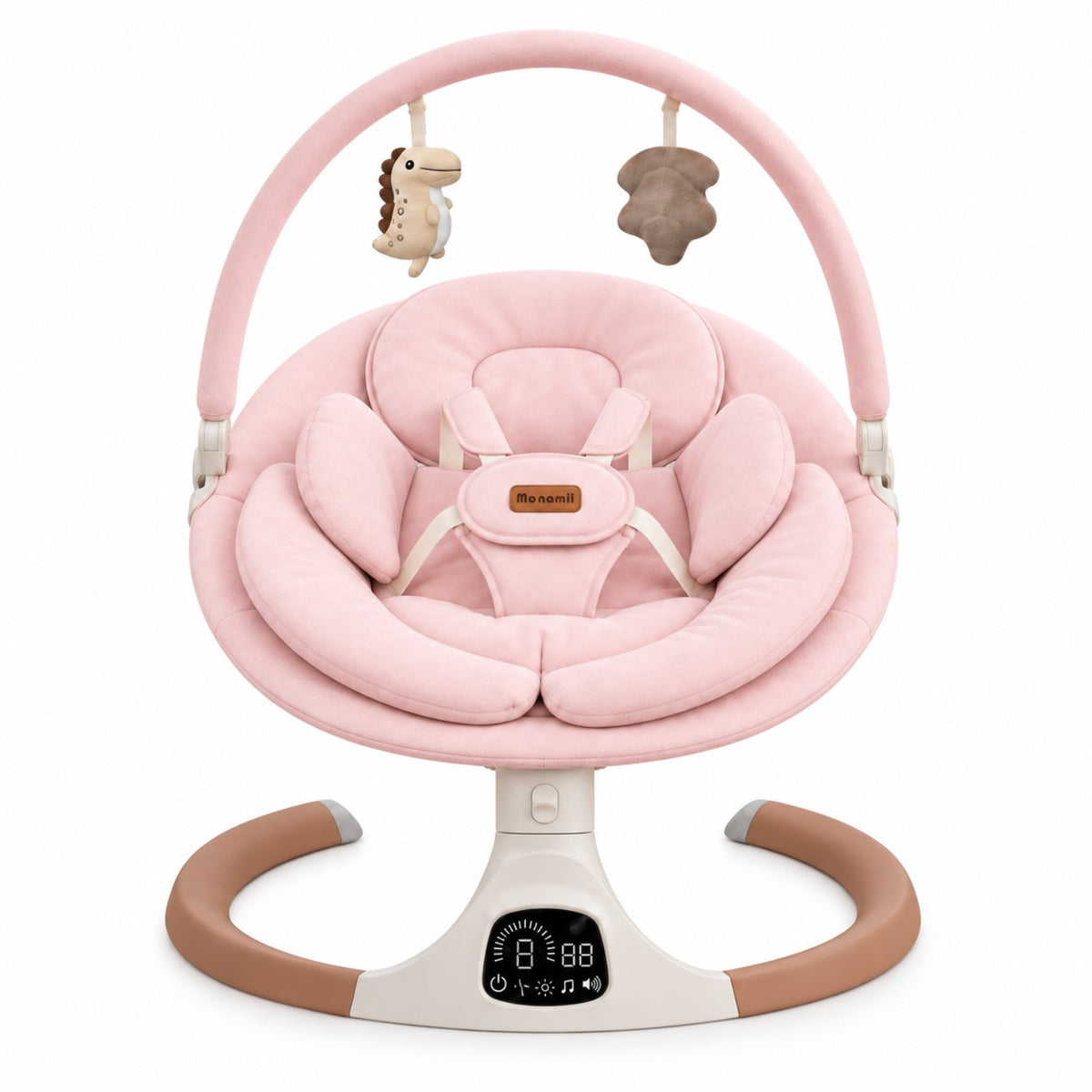 MONAMII Plush Comfort Arch Edition pink baby swing with soft fabric toy arch and plush hanging toys